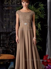 Champagne Natural Backless Floor-length Satin Bateau Cap Sleeve A-line Applique Mother of the Bride Dress