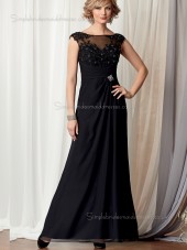 Black A-line Cap Sleeve Zipper Beading Chiffon Floor-length Bateau Natural Mother of the Bride Dress