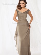 Brown Ruched Column / Sheath Chiffon Zipper V-neck Natural Floor-length Cap Sleeve Mother of the Bride Dress