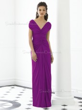 Short-Sleeve Ruched-Ruffles V-neck Purple Empire Zipper-Back Column-Sheath Floor-length Chiffon Bridesmaid Dress