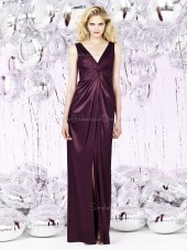 V-neck Floor-length Satin Empire Zipper-Back Ruched Grape Sleeveless Empire Bridesmaid Dress