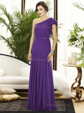Floor-length A-line Natural Backless Purple Sleeveless Sash-Ruched-Ruffles One-Shoulder Chiffon Bridesmaid Dress