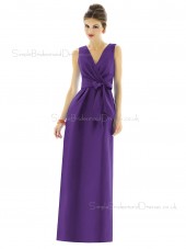 Empire V-neck Column-Sheath Purple Floor-length Zipper-Back Satin Sleeveless Bowknot-Ruched Bridesmaid Dress