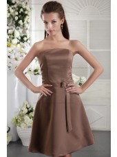 Brown Sheath Bow/Ribbons Natural Satin Zipper Short-length Strapless Sleeveless Bridesmaid Dress