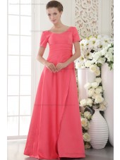 V-neck Satin Zipper Watermelon Short-Sleeve Sweep A-line Natural Beading/Side-Draped Bridesmaid Dress