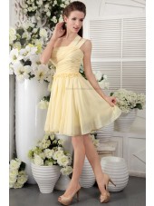 Champagne One-Shoulder Sleeveless Ruffles/Flowers/Draped Chiffon Natural Short-length Zipper Princess Bridesmaid Dress