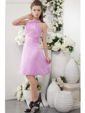 Sleeveless Scoop Sheath Satin Ruffles Zipper Natural Short-length Pink Bridesmaid Dress