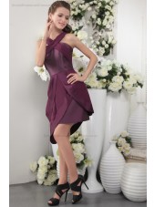 Burgundy/Grape Natural Scoop Chiffon/Satin Sheath Zipper Short-length Sleeveless Ruffles Bridesmaid Dress