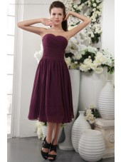 Sheath Ruffles/Draped Grape Zipper Natural Short-length Sleeveless Chiffon/Elastic-Silk-like-Satin Sweetheart Bridesmaid Dress