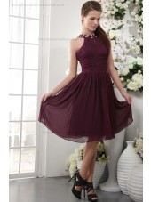 Natural Zipper Short-length Beading/Appliques/Ruffles/Draped Grape Chiffon/Elastic-Silk-like-Satin Sheath Sleeveless Scoop Bridesmaid Dress