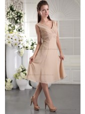 Sheath Natural Chiffon/Elastic-Silk-like-Satin Zipper Pearl-Pink Ruffles V-neck Sleeveless Short-length Bridesmaid Dress