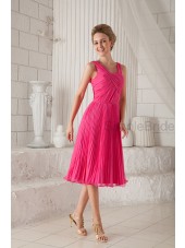 Pink Natural Sleeveless Ruched Silk-like Knee-Length Stain Square Zipper Chiffon/Elastic A-line Bridesmaid Dress