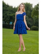 Blue Chiffon Zipper Mini A-line One-Shoulder Short-Sleeve Natural Draped Bridesmaid Dress
