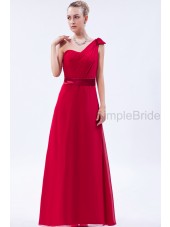 One-Shoulder/Sweetheart Natural Red Chiffon A-line Zipper Sleeveless Floor-length Ruched/Bow Bridesmaid Dress