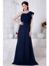A-line One-Shoulder Natural Floor-length Dark Chiffon Sleeveless Ruched/Ruffles/Belt Zipper Navy Bridesmaid Dress