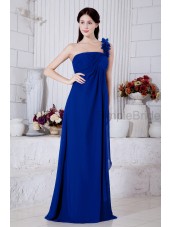 Empire Ruched/Flowers Sleeveless Zipper Chiffon Roya-Blue Floor-length One-Shoulder Natural Bridesmaid Dress