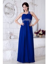 One-Shoulder/Sweetheart Sleeveless Roya-Blue Empire Chiffon Empire Floor-length Zipper Ruched/Beading/Appliques/Sequins Bridesmaid Dress