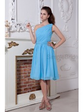 A-line Natural Sleeveless Ruched/Bow Zipper Knee-length Blue Chiffon One-Shoulder Bridesmaid Dress