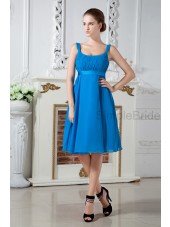 A-line Sleeveless Ruched Chiffon Square Zipper Knee-length Blue Empire Bridesmaid Dress