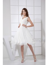 A-line V-neck Sleeveless Zipper Ruched/Cascade Chiffon Knee-length White Natural Bridesmaid Dress