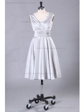 Mini Satin Zipper A-line Ruffles Sliver Natural V-neck Sleeveless Bridesmaid Dress