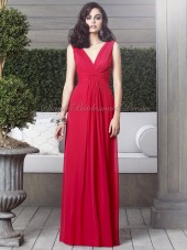 V-neck Chiffon Floor-length A-line Red Sleeveless Zipper flame Draped Empire Bridesmaid Dress