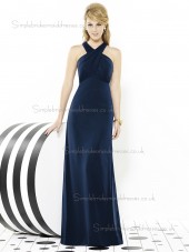 Midnight / Dark Navy Satin V-neck Empire Ruched Mermaid Sleeveless Floor-length Bridesmaid Dress