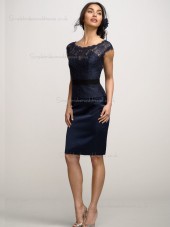 Dark Navy Column / Sheath Natural Bateau Lace Knee-length Bridesmaid Dress