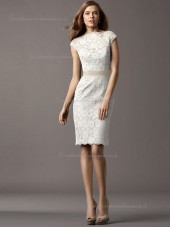 ivory Column / Sheath Lace Bateau Knee-length Natural Bridesmaid Dress