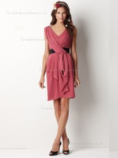 Watermelon V-neck Chiffon Knee-length Column / Sheath Empire Bridesmaid Dress