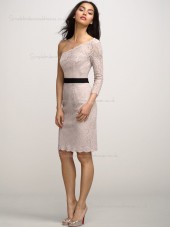 Blush Natural Knee-length Column / Sheath Lace One Shoulder Bridesmaid Dress