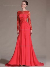 red Chiffon A-line Sweep Empire Bateau Bridesmaid Dress