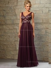 Grape A-line Natural V-neck Floor-length Lace Bridesmaid Dress