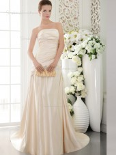 Champagne Natural Strapless Sweep Satin A-line Bridesmaid Dress