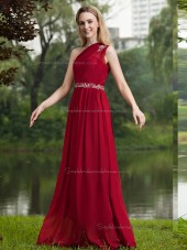 Burgundy Sweep One Shoulder Natural Chiffon A-line Bridesmaid Dress