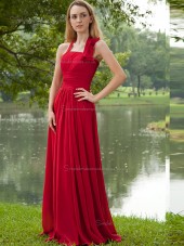 Red Halter A-line Empire Floor-length Chiffon Bridesmaid Dress