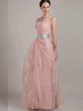 Pink Tulle A-line One Shoulder Empire Floor-length Bridesmaid Dress