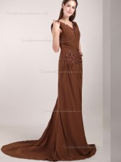 Brown V-neck Chiffon Sweep Mermaid Natural Bridesmaid Dress