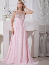 Pink Sweep Spaghetti Straps A-line Empire Chiffon Bridesmaid Dress