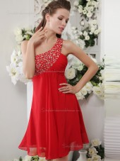 Red One Shoulder Short-length A-line Empire Chiffon Bridesmaid Dress