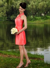 Watermelon Short-length Natural Halter Column / Sheath Satin Bridesmaid Dress
