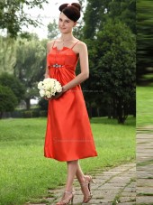 Orange Spaghetti Straps Satin Tea-length A-line Empire Bridesmaid Dress