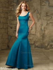 Cheap Blue Satin Floor-length Lace Bridesmaid Dress
