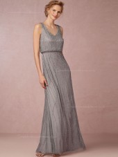 Dainty Beading V-neck Silver Floor-length Silver Bridesmaid Dresses