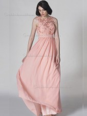 Cheap Floor-length Applique Pink Chiffon Bridesmaid Dresses