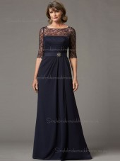 Budget Celebrity Chiffon Lace Dark Navy Floor-length Bridesmaid Dresses