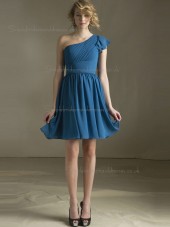 Budget Blue Draped Short-length Chiffon Bridesmaid Dresses