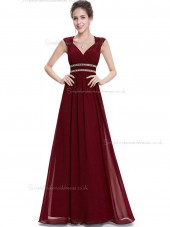 Online Best Burgundy Chiffon V-neck A-line Floor-length Beading Sash Empire Bridesmaid Dress