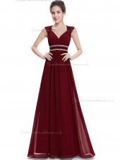 Online Best Burgundy Chiffon V-neck A-line Floor-length Beading Sash Empire Bridesmaid Dress