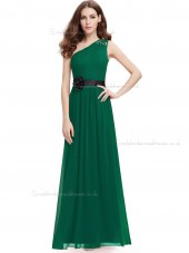 Celebrity Dark Green Chiffon One Shoulder A-line Floor-length Sash Hand Made Flower Beading Natural Bridesmaid Dress